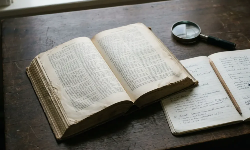 Open Latin dictionary beside a notebook and magnifying glass on a wooden desk.