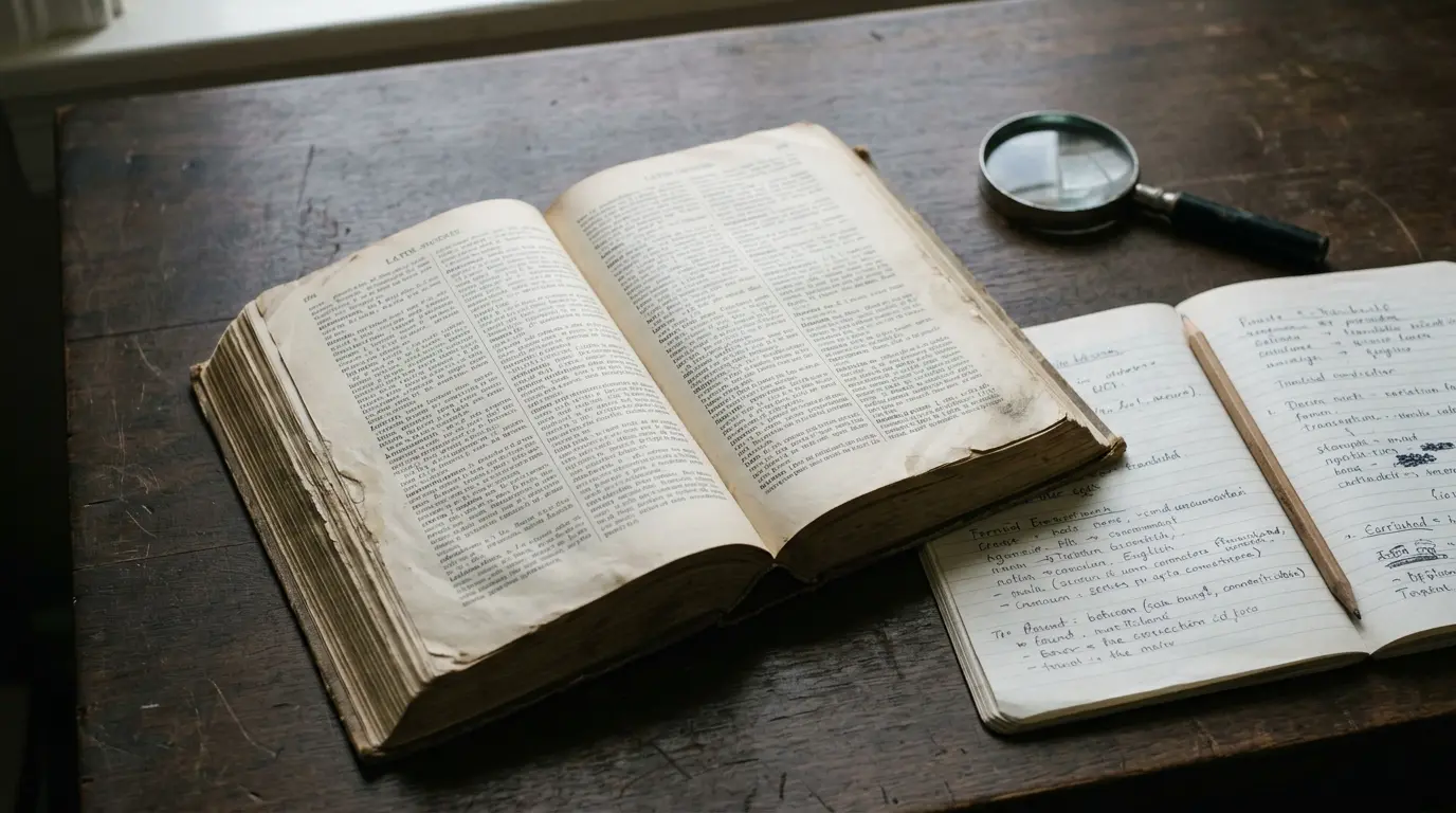 Open Latin dictionary beside a notebook and magnifying glass on a wooden desk.