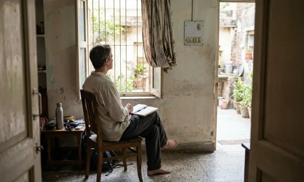 Traveler seated beside a homestay window with an open notebook on their lap.