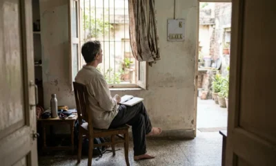 Traveler seated beside a homestay window with an open notebook on their lap.