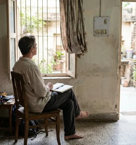 Traveler seated beside a homestay window with an open notebook on their lap.