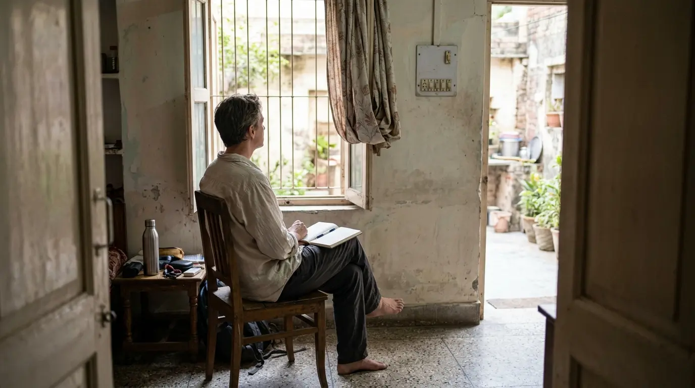 Traveler seated beside a homestay window with an open notebook on their lap.