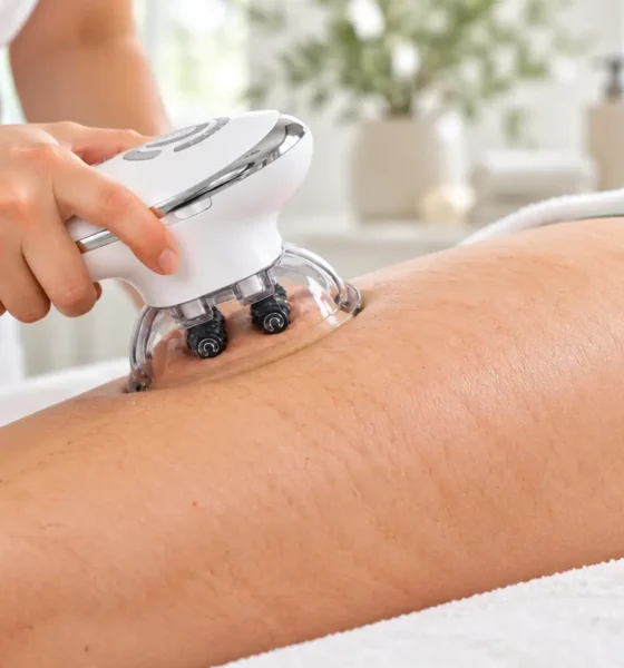 Natural thigh skin texture illustrating cellulite care in a Cellulogia guide.